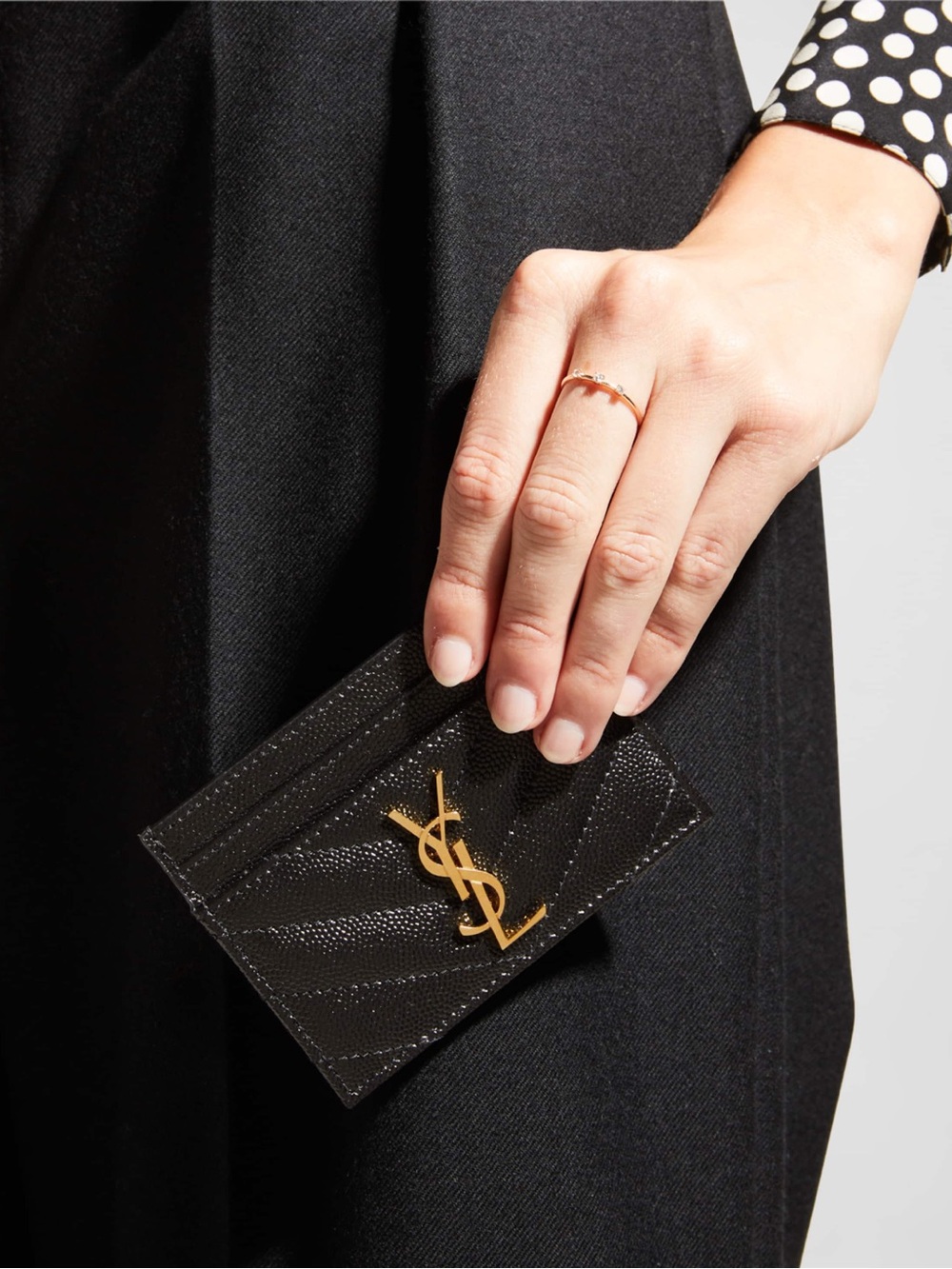 Saint Laurent Cassandre YSL Monogram Card Case in Black Chevron Grained Leather